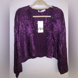 Purple Zara Shimmery Silky Blouse with Crystal Buttons